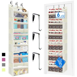 over the door organizer, Solid Bamboo Board (Not Plastic!) 6-Tier Heavy Duty 75LB, 12 Side Pockets, 3 Reinforced Hooks & Anti-Slip Pads, Waterproof & Washable, No Sagging, No Door Damage,Ivory