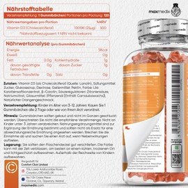 maxmedix Vitamin D3 Kinder Gummibärchen - 1000IE Vitamin D3 als Cholecalciferol - 120 Orangen Fruchtgummies - 1 Gummie alle 2 Tage - Alternative zu Tropfen - maxmedix