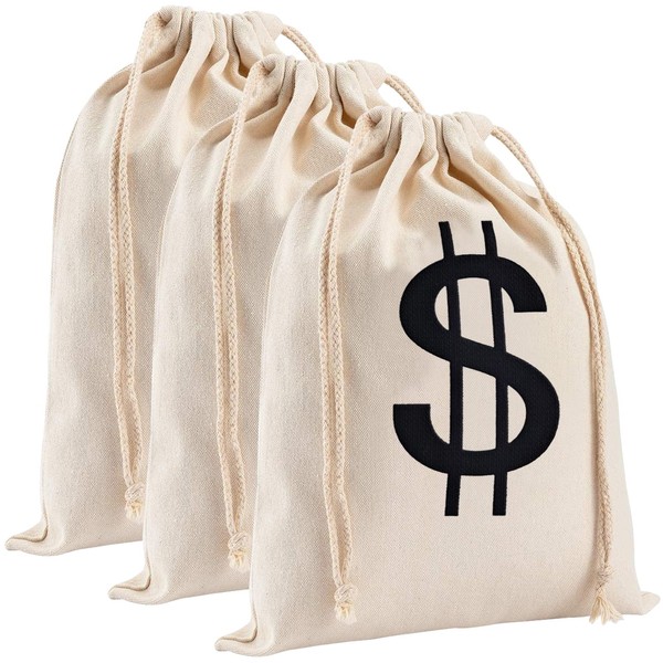 3pcs 11.4x15.3 Inches Large Canvas Money Bags for Party, Costume Money Bag Prop with Dollar Sign, Money Sacks for Halloween Bank Robber Pirate Cowboy Cosplay Theme Party