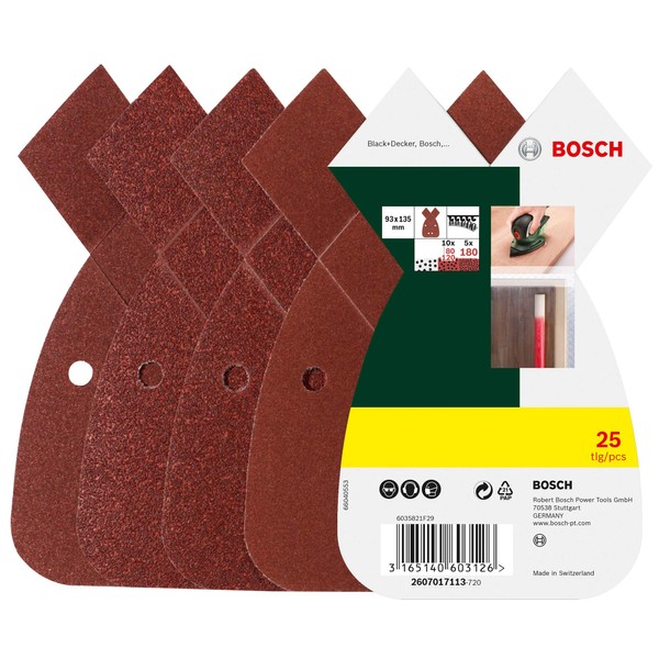 Bosch 2607017113 25-Piece Sanding Sheet Set for Multi-Sanders, grit 80, 120, 180, Red