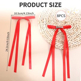 8 Pcs Red Hair Bow Ribbon with Long Tail Bowknot Tassel Clips, Red Bows for Hair Accessories Clips for Women Girls Coquette Long Satin Ties Barrettes for Girl