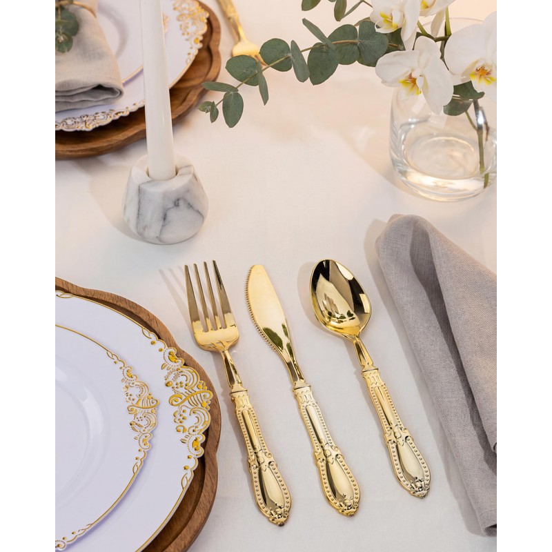 Morejoy 350PCS White and Gold Plastic Plates - Gold Plastic