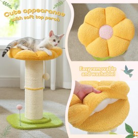 PEQULTI Flower Cat Scratching Post, Small Cat Tree, Tall Cat Scratcher for Indoor Cats with Super Thick Scratching Post [Dia=5.5''], Removable Flower Cat Bed, Cat Scratch Post with Spring Ball, Yellow