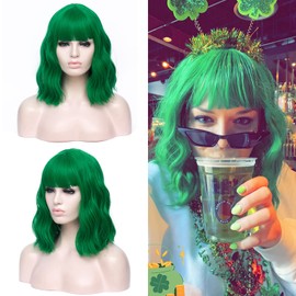DWMGLP - Peluca corta de fibra rizada, color verde, 35,56 cm, para mujeres y niñas, resistente al calor, para Halloween, cosplay, fiesta diaria, gorra (verde)