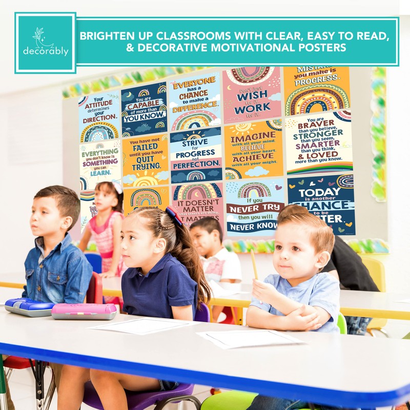 Decorably 15 Boho Rainbow Motivational Classroom Posters, 11x14in Matte-Laminated Inspirational