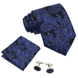 Mantieqingway Men's Tie Set and Pocket Square Cufflinks Ties Woven Plaid, Striped Necktie for Formal Business Prom Wedding (Navy Floral)