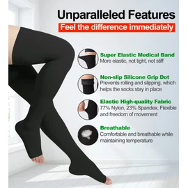 Medias de compresión de alta compresión para el muslo, puntera abierta, par, soporte firme 20-30 mmHg calcetines de compresión degradado con banda de silicona, unisex, opacos, ideales para arañas y venas varicosas, edema, hinchazón, negro L