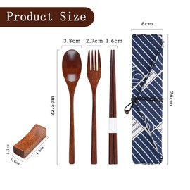3-Piece Wooden Tableware Set, 1 Cloth Bag, 1 Chopstick Holder, Portable Tableware Set, Chopsticks, Spoons, Forks Made of Wood, Suitable for Picnics, Office Lunch