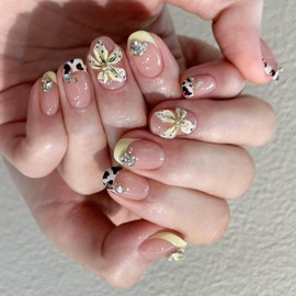 Short Press on Nails Almond Fake Nails French Tip False Nails with 3D Flower and Rhinestones Designs Glossy Leopard Glue on Nail Fall Cute for Women 24pcs 1