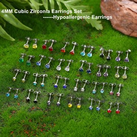 Jstyle 24 Pair Set of Earrings, Popular, One Piece, Silver, Hypoallergenic, Stainless Steel Stud Earrings, Small, Birthstone Zirconia, Stud Earrings, Stainless Steel, No Gemstone