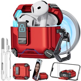 for AirPods 4 Case, 【Built-in Invisible Bracket】 Secure Lock Case [Compatible with MagSafe] for AirPods 4th Generation 2024 wiht Cleaning Kit, Auto-Open, Military Grade Protective (Red)