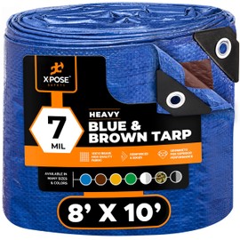 Xpose Safety 8’ x 10’ Heavy Blue/Brown Tarp - Waterproof Tarp - 7 Mil Weatherproof Camping Tarp for Tent, Rain, Wind & Sun - Plastic Tarpaulin Cover Outdoor Tarp for Roof, Trailer, RV, Car, Boat