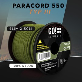 GO!elements 50 m Paracord Rope Made of Tear-Resistant Nylon Cord - 4 mm Paracord 550 Type III Cord - All-Purpose Rope and Cord - Max. 250 kg, Colour: Olive