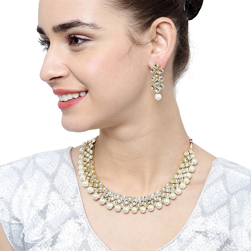 Aheli Kundan Collar de perlas Pendiente Set Étnico Indio Tradicional