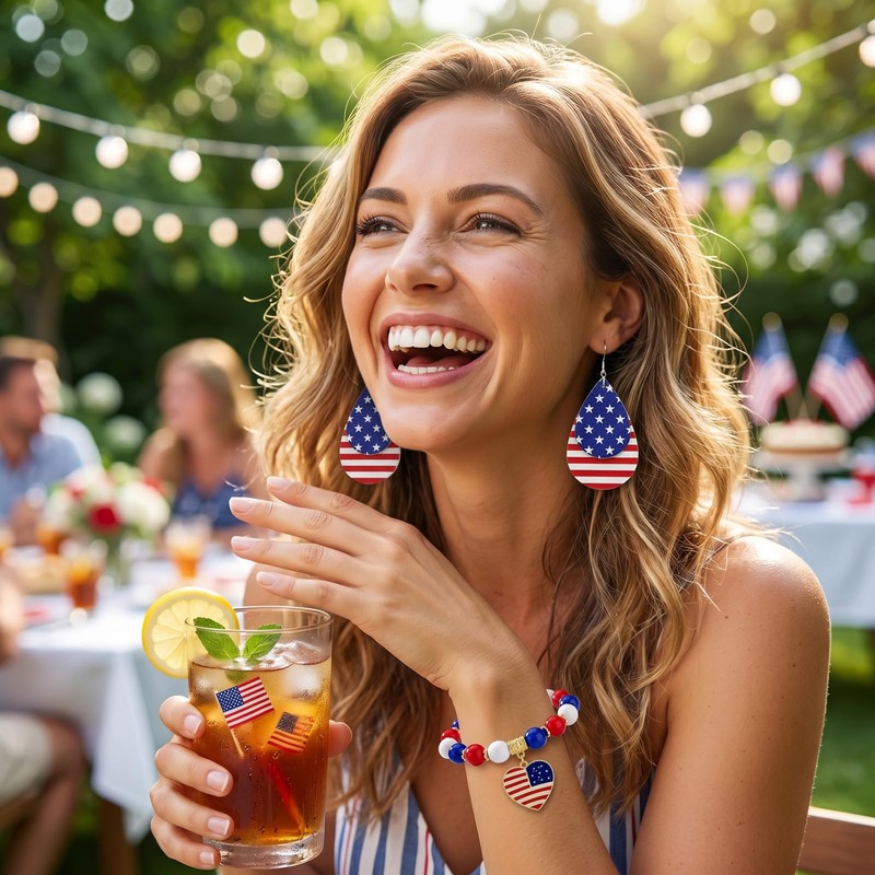 Patriotic 4th of July Flag Earrings Bracelet Set for Women