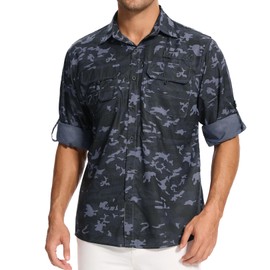 linlon Mens Safari Shirts Long Sleeve UV Protection Hiking Fishing UPF 50+ Quick Dry Cooling Camping Travel Shirts #5066-Black Camouflage-XXL