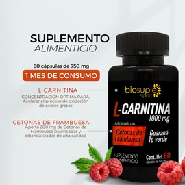 BIOSUPLE | L-Carnitina adicionada con Cetonas de Frambuesa, Guaraná y Té Verde. – Suplemento Alimenticio, Frasco con 60 cápsulas de 750 mg c/u.