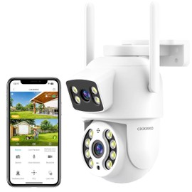 CiKiKWXO Dual Lens Security Camera Outdoor, 3MP+3MP 2.4G WiFi Camera for Home Security, 355° View, IP66, Auto Tracking, Human Detection, Color Night Vision, 2-Way Audio, 24/7 Record, Work with Alexa