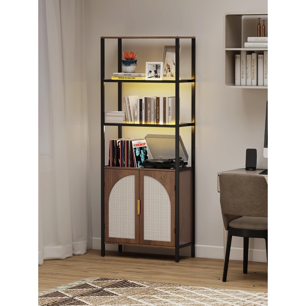Qriocioa 5 Tier Rattan Bookcase with Light 71" Tall Boho