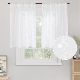 YoungsTex Linen Sheer Kitchen Curtains 40 Inch Length 2 Panels - Light Filtering Rod Pocket Small White Drapes with Embroidered Lace Pattern for Cafe/Bedroom/Rustic Modern, 2 Panels, 42 X 40 Inch