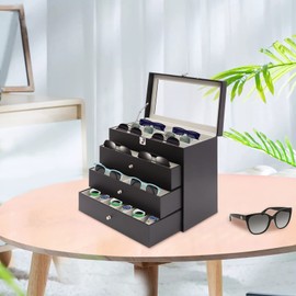 BANLICALI Glasses Storage Box, 4 Tier Sunglasses Organizer Storage Case Tray with Drawer and Cover, Lockable Case Organizer for Glasses Sunglasses Necklace Earrings Watches Black