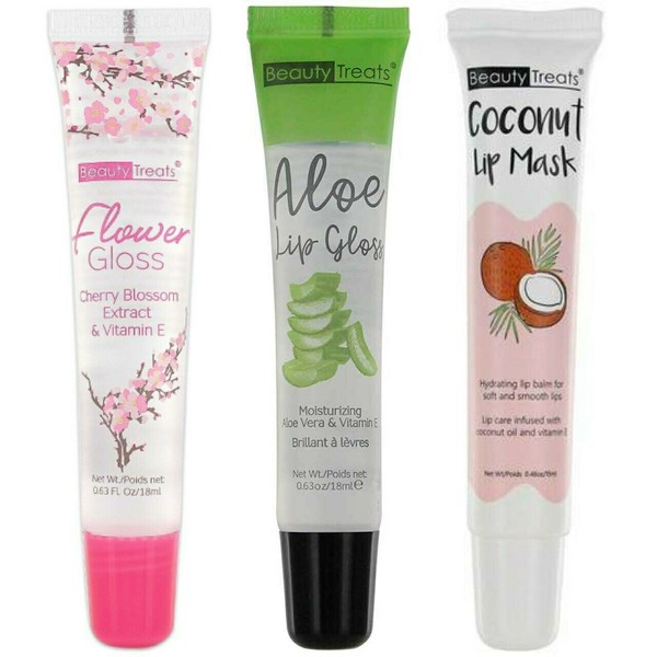 3pcs Beauty Treats Lip Treatment Aloe, Flower Cherry Blossom Gloss, Coconut Mask