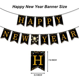 Happy New Year Banner Black with Gold Shiny Letter New Years Banner Eve Party Decorations Supplies 2025