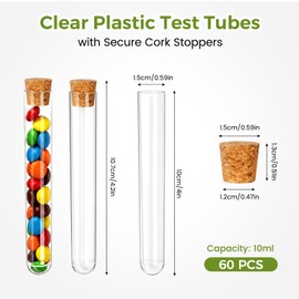 KAOPET 60Pcs Clear Plastic Test Tubes with Caps—Cork Stoppers, 15x100mm 10ml Small Vials, Good Seal for Beads Storage, Candy Tubes, Bath Salt, Plant Propagation, Party Favors, Crafts, Kids Experiments