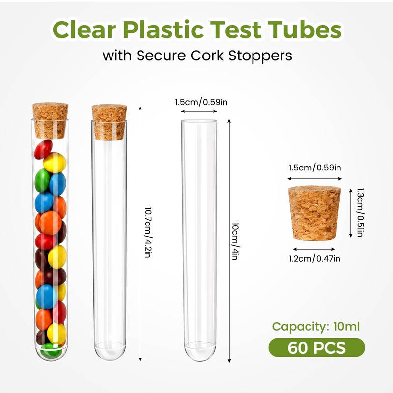 KAOPET 60Pcs Clear Plastic Test Tubes with Caps—Cork Stoppers, 15x100mm