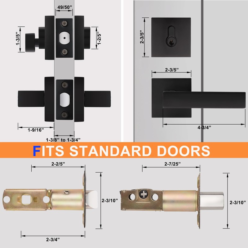Probrico Matte Black Exterior Door Locksets with Deadbolt,Front Door Passage