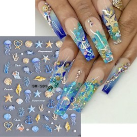 5D Embossed Beach Nail Stickers Ocean Nail Art Stickers Summer Nail Decals Self-Adhesive DIY Nail Sticker Cute Jellyfish Shell Starfish Coral Nail Supplies for Women Acrylic Nails DIY Manicure 3Sheets