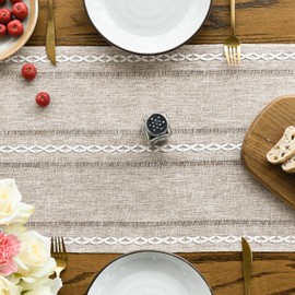 Artoid Mode - Camino de mesa de lino de algodón rústico café, bordado calado de temporada, decoración de mesa de cocina y comedor para decoración del hogar, fiesta, 13 x 72 pulgadas