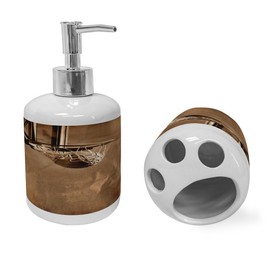 Ambesonne Basketball Soap Dispenser & Toothbrush Holder Set, Ball in The Net on Crumpled Paper Style Backdrop Scoring Sports Competition Print, Ceramic Bathroom Toiletry Accessories, 2 Pcs, Sepia