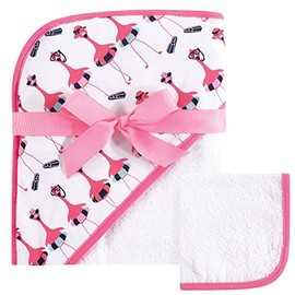 Hudson Baby Unisex Baby Cotton Hooded Towel and Washcloth, Fancy Flamingo, One Size