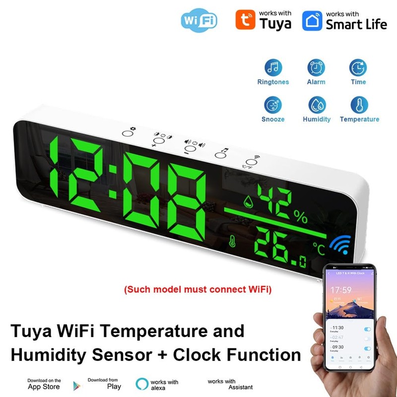 Daiilg Tuya WiFi Temperature and Humidity Alarm Clock Multi-Function LED