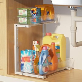 Biboraya 1 Pack 10.62"-15.5" H Acrylic Bathroom Under Sink Organizers And Storage Height Adjustable,2-Tier Pull Out Under Cabinet Shelf Organizer,Multi-Use Slide Out Drawer For Kitchen Laundry-White