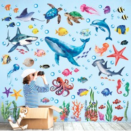 DECOWALL DS12-8078 Under the Sea Wall Sticker Fish Ocean Fish Seaweed Wall Sticker Removable for Children Nursery Baby Room Bedroom Living Room Bathroom Wall Decoration