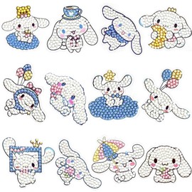 MEGZIHXN Kids Diamond Stickers Set, 12 Pcs Long Ears White Puppy Beginner Diamond Drawing with Numbers Decorative Stickers, 5D DIY Diamond Art Mosaic Stickers (Special Events)