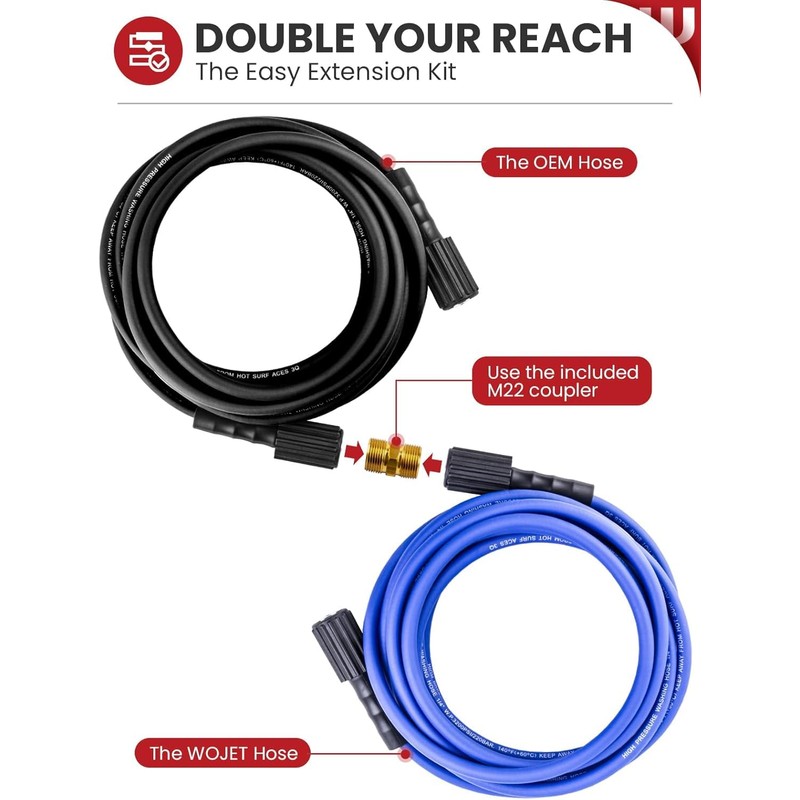 WOJET Pressure Washer Hose 25ftx1/4”, Ultra Flexible Power Washer Hose