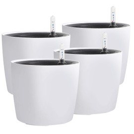 KINJOEK 4 Packs 7 Inch Self Watering Planter with Water Level Indicator, Modern Garden Decorative White Flower Pot for House Plants, Flowers, African Violets, Succulents, White