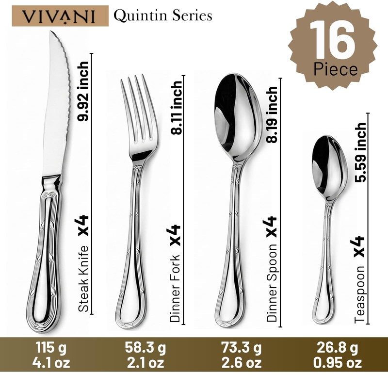 VIVANI Luxury Silverware Set, 16 Piece Premium Flatware Set with