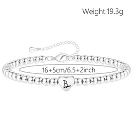 Crownette S925 Silver Bead Bracelet for Women Adjustable Heart Initial Letter Bracelet Birthday Jewellery Gift (B)