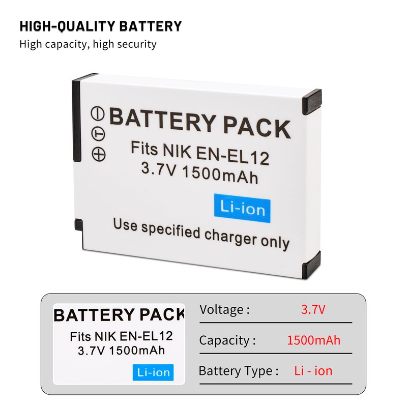 2-Pack EN-EL12 Battery with Charger for Nikon Coolpix A900 A1000
