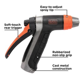 BLACK+DECKER® Adjustable Metal Rear Trigger Nozzle – Durable, Easy-Grip Garden Hose Sprayer with Locking Rear Trigger BD59578