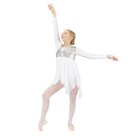 Danzcue Girls Worship Dance Tunic Praise Tunic for Girl Metallic Patchwork Sleeveless Asymmetrical Hem Liturgical Dance Top, Silver-White, L-XL