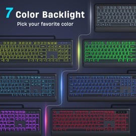 KOPJIPPOM Backlit Wired Keyboard, USB Lighted Computer Keyboards with 7 Colors Backlight, Full Size Silent Keyboard with Media Hotkey for Windows Desktop, PC, Laptop (Black, M)