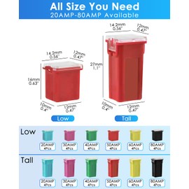 48Pcs Tall & Low Profile Assortment Kit - Car Blade Fuses Tall & Low Profile Box Shaped Fuses (20A, 30A, 40A, 50A, 60A, 80A) for Trucks, Cars and SUV, Boat