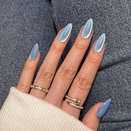 SXVME 30 uñas postizas acrílicas con purpurina de ojo de gato, color almendra, tamaño mediano - azul bebé claro, con pegamento de gel suave y acabado 
