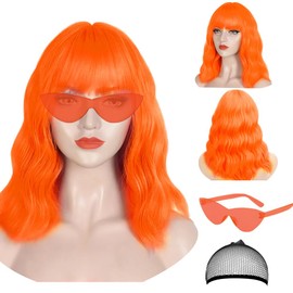 LOHO WONDERZ Wig and Sunglasses Set - 15 Inch Wavy Wig With Bangs - Heat Resistant Bob Wig - Short Curly Wavy Wig - Shoulder Length Wigs for Women - Bachelorette Party Costume Cosplay Wigs (Orange)