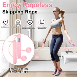 Ropeless Skipping Rope, Skipping Ropes For Adults, Wireless Skipping Rope With Counter, Cordless Skipping Ropes Gravity Ball Jump Rope At Home Workout Experience Equipment For Women Men (Pink)